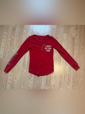 PINK Victoria's Secret Red Long-Sleeve Henley with 'I WOKE UP LIKE THIS' Print